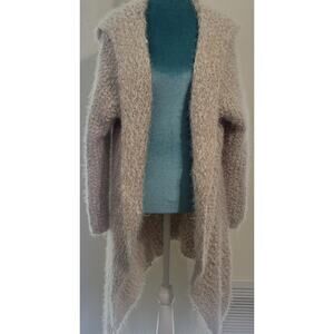 POL Sweater Womens Medium Fluffy Hooded Cardigan Knee Length Tan Soft Cozy Boho